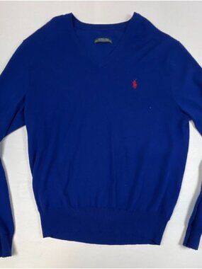 Polo Ralph Lauren Men Large L V-Neck Royal Blue 100% Merino Wool Sweater Pony